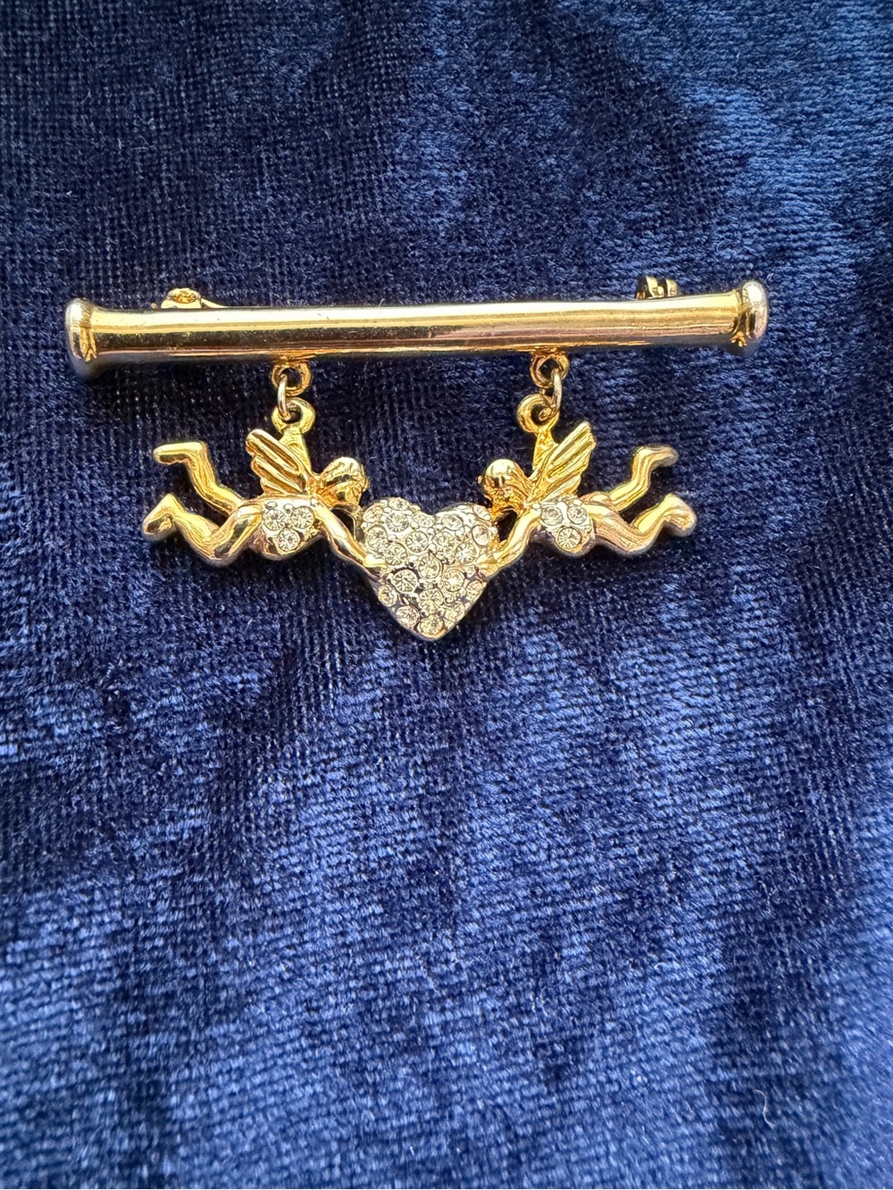 Vintage Gold-tone Two Brooch featuring two Dangling Cherubs Holding a heart